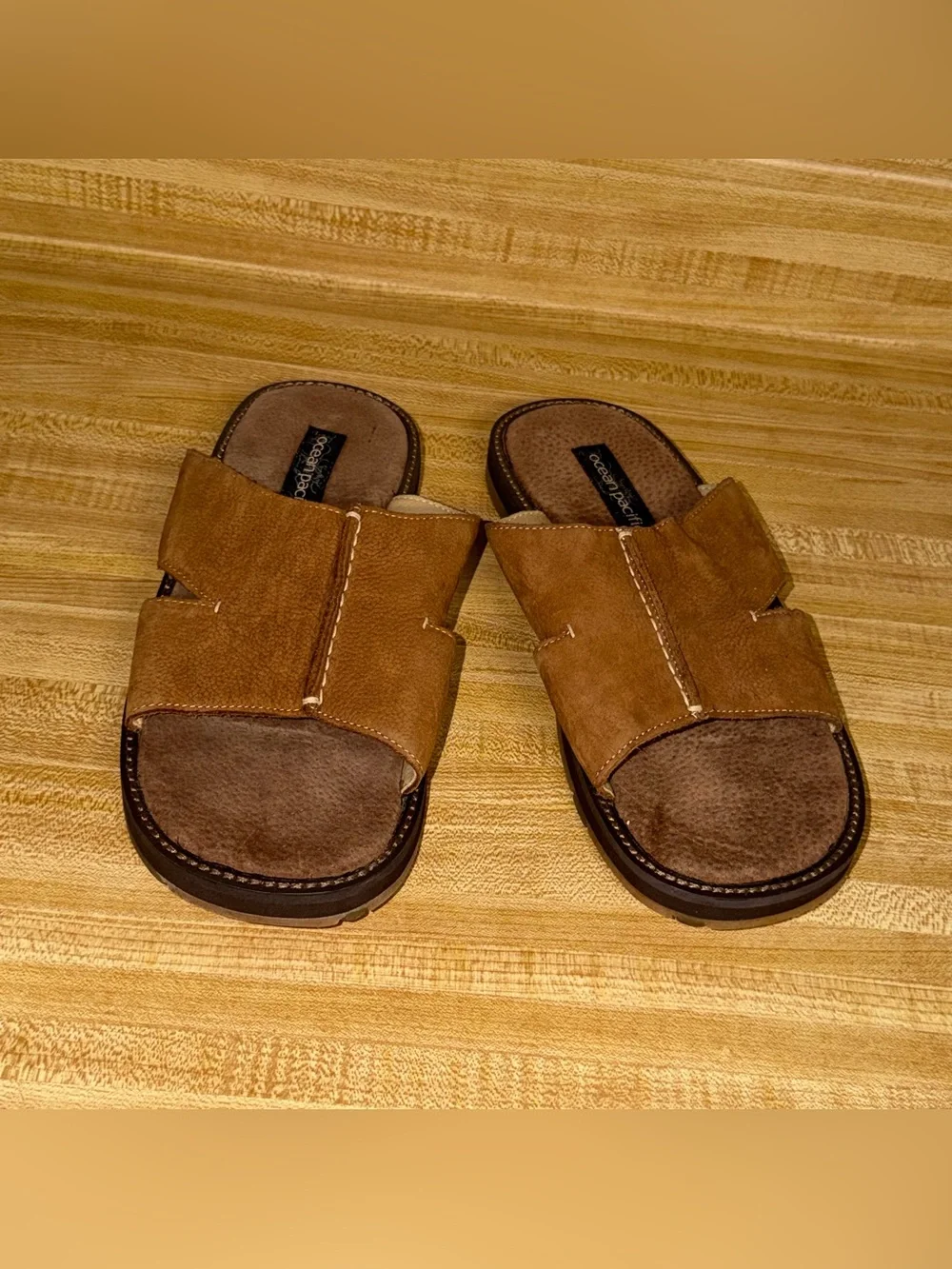 OP ocean pacific Men's size 8 slides slip on Tan Brown Leather Slide Sandals